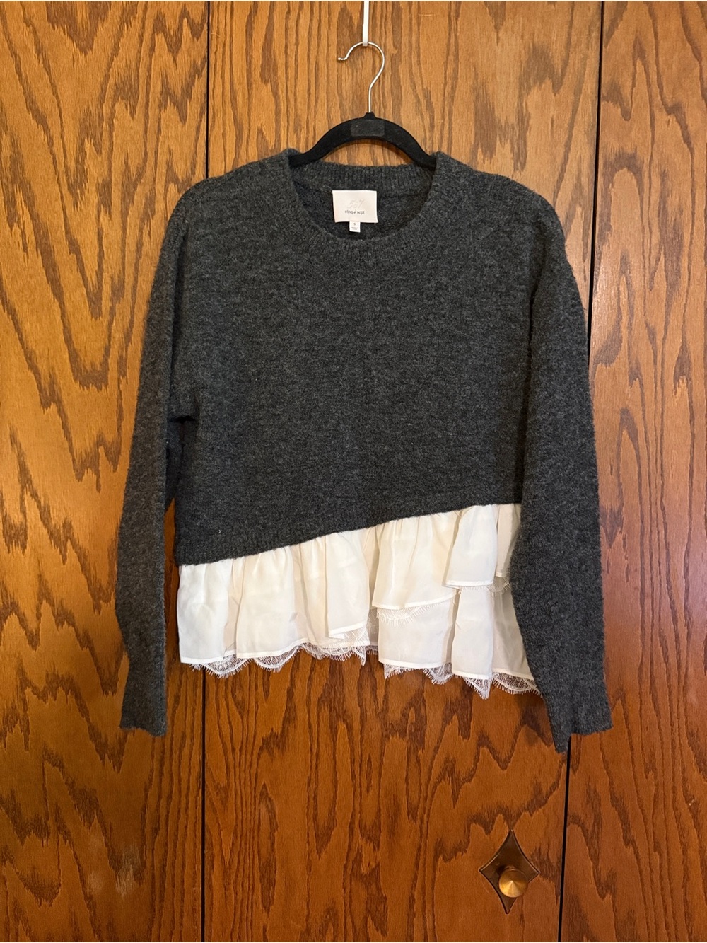 Cinq à Sept Wool Silk Ruffle Hem Layered Sweater Gray Size S